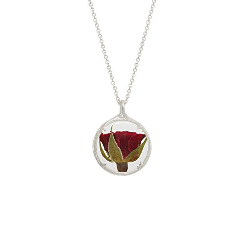 Catherine Weitzman Botanical Pendant Necklace with Delicate Dried Flowers in Glass Charm (Rose, Silver-Plated-Base)