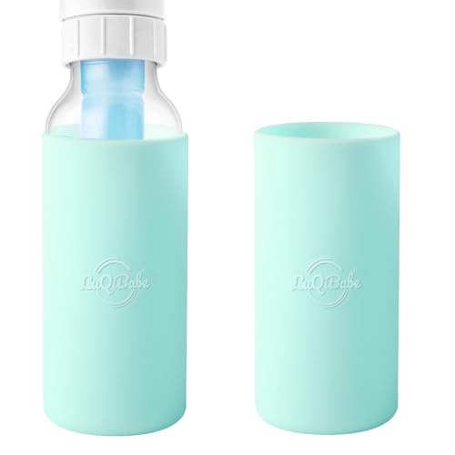 Image of LuQiBabe (2-Pack, Blue, 8 oz) Silicone Baby Bottle Sleeves Compatible with Dr. Brown's Natural Flow Anti-Colic Options+ Narrow Bottles, Reusable Dishwasher-Safe Baby Bottle Covers