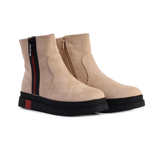 Women’s Ankle Boots | Faux Suede Zip-Up Flat Boots with Chunky Sole – Everyday Casual Footwear (Beige, UK5)