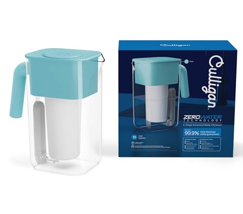 Image of Culligan with ZeroWater Technology 10-Cup Water Filter Pitcher - Includes 5-Stage Advanced Water Filter, IAPMO Certified to Reduce Lead, Total PFAS, Mercury, Fluoride, and Chlorine - Aqua