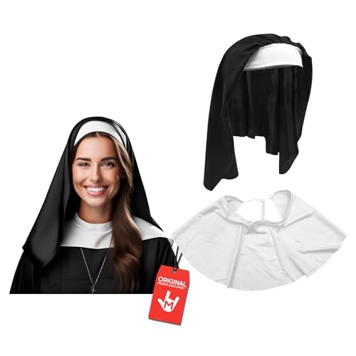 Nicky Bigs Novelties Morph Adult Nun Costume Set Nuns Hat and Collar Catholic Nun Habit Sister Black and White Headband Cap - Cosplay Halloween Costume Headpiece Black/White One Size