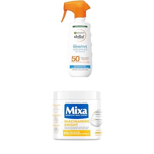 Delial Leche Solar para Pieles Claras, Sensibles e Intolerantes al Sol SPF 50+ + Mixa Crema Corporal Niacinamida – Defensa UV y Reducción de Manchas
