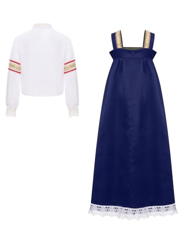 Child Girls Russian Ethnic Performance Dress Embroidered Blouse with Overalls and Headpiece White&Navy Blue 3 Years4