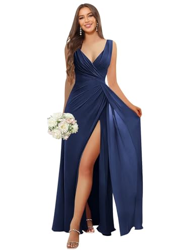 MAGGCIF V Neck Bridesmaid Dresses Pleated Ruffle Chiffon A Line High Low Formal Evening Gown Long Prom Dress