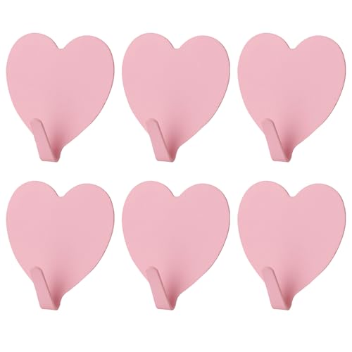 Image of 6 Pack Heart Shaped Adhesive Hooks Decorative Hanging Wall Hook Stainless Steel Sticky Hangers Cute Heavy Duty Hooks Without Nails for Keys Towel Home Kitchen Bathroom Office Classroom