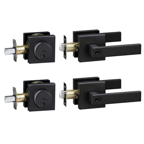 Exterior Door Lock Set,Combo Lock-Heavy Duty Black Door Handle and Single Cylinder Deadbolt Lock,Keyed Alike Door Locks for Front Door(Matte Black,2Pack Set)