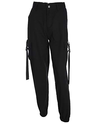 xxxiticat Women's Buckle Cargo Pants High Waist Multi-Pockets Hip Hop Chain Lace Up Motorcycle Plain Loose Baggy Trouser3