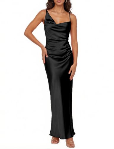 Image of Formal Satin Silk Spaghetti Strap Maxi Dresses for Women Wedding Guest