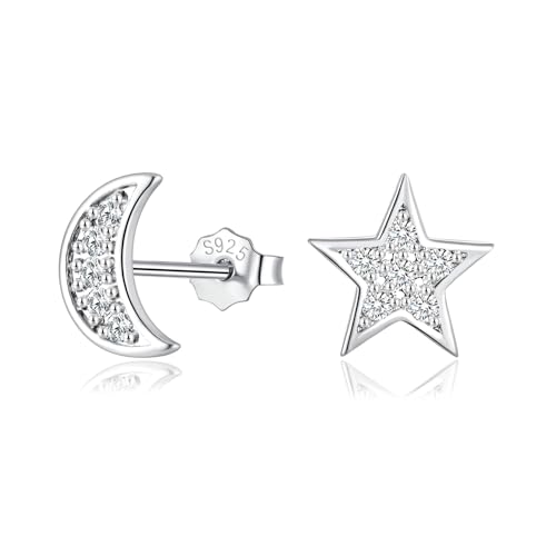 Loutade Silver Stud Earrings for Women, 925 Sterling Silver Star Moon Stud Earrings with Cubic Zircon, Small Cartilage Silver Sleeper Stud Earrings, CZ Flat Silver Star Studs Earrings for Teen Girls