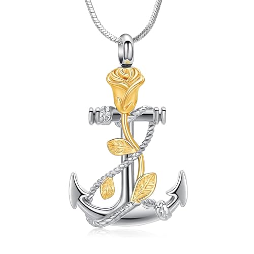 zeqingjw Cremation Jewelry for Ashes Pendant - Ship's Anchor Urn Necklace Rose Flower Keepsake Urn Memorial Ash Jewelry for Women Men