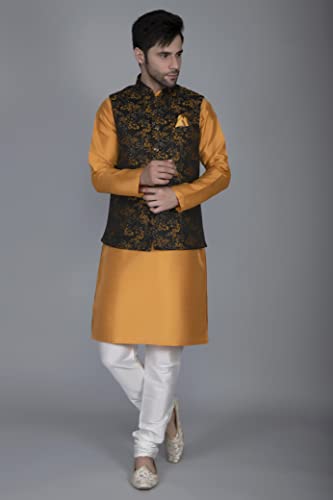 Ethluxis® Men's Silk Blend Kurta Churidar Pyjama with Ethnic Bundi Jacket Set