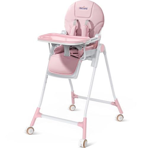 Image of Sejoy High Chair, 3-in-1 High Chairs for Babies and Toddlers, Five Point Seat Belt, with Detachable Wheels & Tray, Adjustable Height & Recline& Footrest Multifunctional Infant Highchair (Pink)