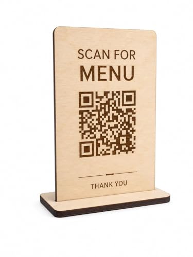 Plaque QR Code Menu en Bois Personnalisée avec Support de Table, pour Restaurant, Café et Hôtel, Gravure Laser, Logo, Wi‑Fi ou Avis Clients, 9 x 6 cm