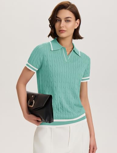 Image of Micoson Womens Short Sleeve Sweater Tops Lapel V Neck Polo Shirts 2026 Summer Cable Knit Loose Blouse Business Casual Outfits