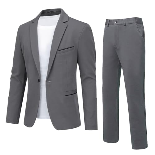 YFFUSHI Traje Hombre 2 Piezas Slim Fit 1 Botón Clásico para Ceremonia Boda Negocios Chaqueta y Pantalón, Gris Oscuro, L