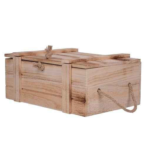 UNUS® Caisse en bois avec couvercle en bois flammé avec deux anses grande - boîte de rangement décorative avec fermeture en cordon de jute et poignées - polyvalente pour emballage cadeau, décoration