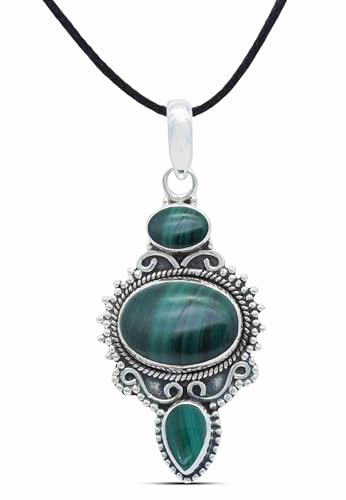 mantraroma Kettenanhänger 925 Silber Malachit grüner gestreifter Stein Edelstein Kettenanhänger Damen Sterling Silber Halskette Anhänger Geschenk (MAH-076-10)