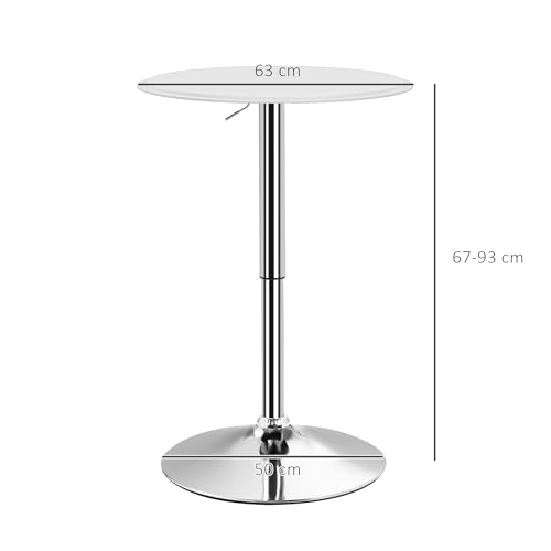 HOMCOM Mesa de Bar Redonda Ajustable en Altura 67-93 cm, Mesa Alta de Bar, Tablero Ø63 cm y Giratorio 360°, con Base Redonda de Metal Cromado, para Bistró, Cocina Comedor, Blanco - imagen 3