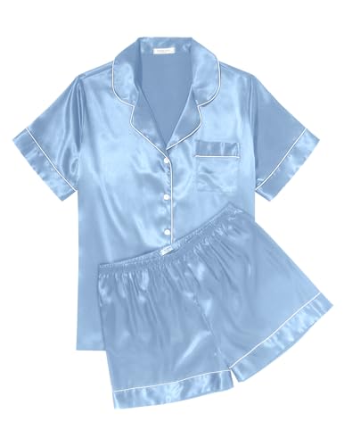 Image of Ekouaer Womens Silk Satin Pajama Sets Soft Short Sleeve Button Down Sleepwear Top and Shorts 2 Piece Pjs Lounge Set