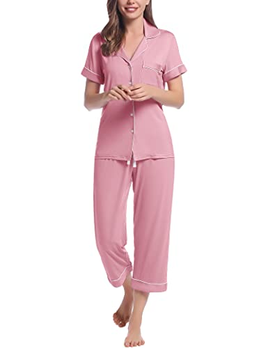 Joyaria Womens Jersey Knit Pajama Capri Long Pants/Bottoms Soft Bamboo Sleepwear Set Cooling Comfy Pj Set(Dusty Pink, Large) #TOP2