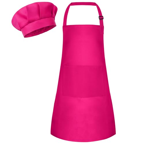 Bouiexye 1 Set Kids Apron and Chef Hat Set Children Apron Adjustable with 2 Pockets Children Chef Painting for Cooking Baking Painting Crafts Making (Rose Red)