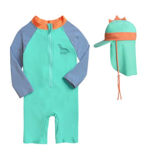 Baby Boys Girls Swimsuit Dinosaur Rash Guard Sun Protection Set Kids One Piece Zipper Bathing Suit Swimwear With Hat（Green,2-3Years） #TOP1