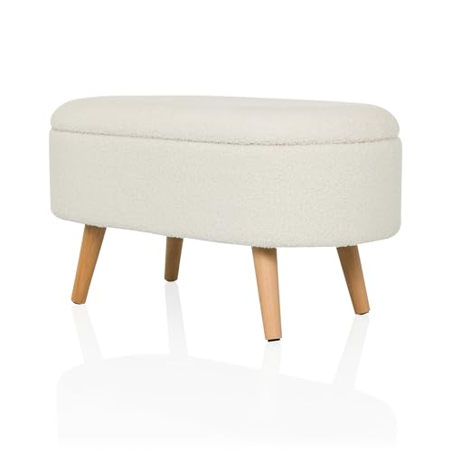 Miniatura 9 de Hjh Living Banco Con Espacio De Almacenamiento, Tejido Bouclé Storiano Banco Escandinavo Tapizado Con Tapa Para Salón Dormitorio Pasillo, Blanco