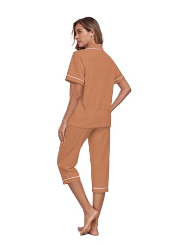 Image of COLORFULLEAF 100% Cotton Capri Pajama for Women Set Summer Short Sleeve Pj Sets for Women Cotton Sleepwear