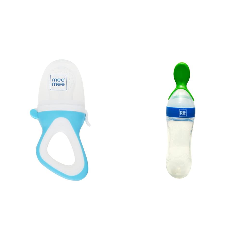 Mee Mee Fruit and Food Nibbler (with Silicone Sack, Blue) & Mee Mee Squeezy Silicone Spoon Feeder with in-Built Stand (Blue)