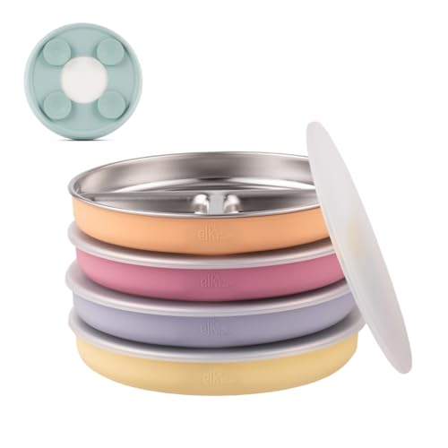 Image of Elk and Friends Stainless Steel Divided Plates with Silicone Sleeve for Babies & Toddlers | Lids Included | Stay Put Suction | Dinner & Snack Plates | 4 Pack