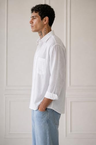 Image of SCRTCH White Boxy Fit Linen Shirt for Men | Full Sleeve Button Down Breathable Linen Fabric Relaxed Oversized Silhouette | Contemporary Street Style Shirt