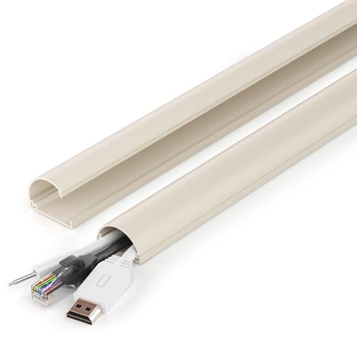 Image of ZhiYo 34in Cord Hider for 2-4 Wall-Mounted TV Wires, 1.4 inch W x 0.7 inch H, Beige | Split-Hinge Design for Easy Installation, Half-Round Glazed Finish Ideal for Wall /Baseboard, Self-Adhesive, 2 Pack (17 inch Each)