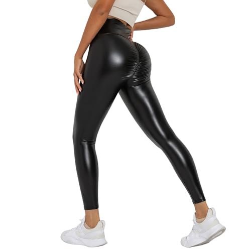 Fulidngzg Pantalon Cuero Mujer Push Up Leggins Cuero Polipiel,Leggings Invierno Fiesta Leggins Push Up Pantalon Cuero Mujer de Piel Sintética,de PU Pantalon Cuero Negro