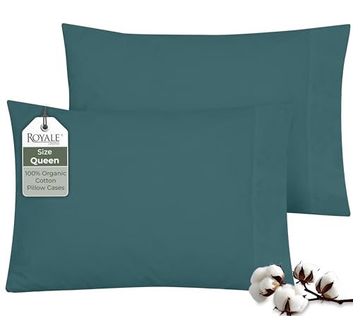 Image of ROYALE LINENS 100% Organic Cotton Percale Pillowcases Set of 2 - Queen Size Percale Pillowcase - Queen Set of 2 Pillow Cover - Breathable, Cool & Crisp Pillow Cases (20 inchx30 inch, Teal)