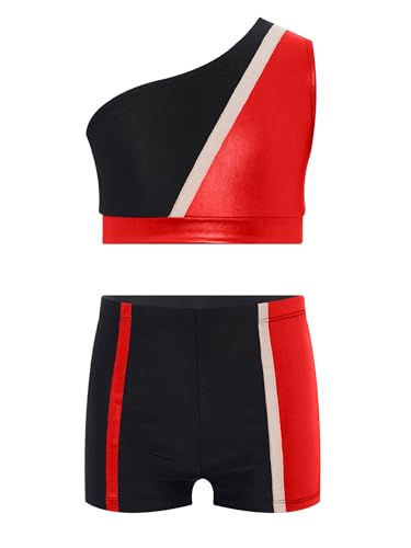 Kids Girls Piece Gymnastics Dance Outfit One Shoulder Sleeveless Sparkle Crop Top And Shorts Set3