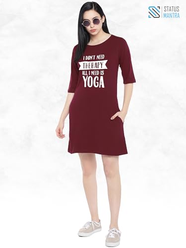 Image of STATUS MANTRA Women's Long T-Shirt Dress - Cotton Casual Knee Length Dress with 3 /4 Sleeves | Soft Bio-Washed Fabric, Crew Neck, Relaxed Fit | Comfy Summer Lounge Wear