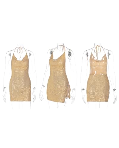 Image of Women's Sequin Halter Bodycon Mini Dress Split Hem Backless Cowl Neck Sexy Short Dress Open Back Cocktail Party Dresses
