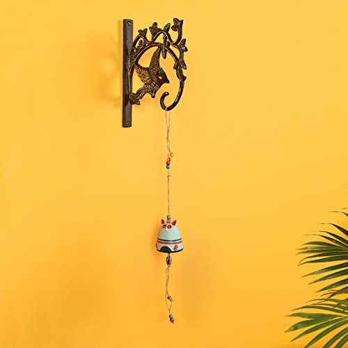 Image of Aakriti Art Creations Kitty-Kat Terracotta Hanging Door Bell with Metal Stand | Handmade Modern Art Terracotta & Metal Hanging Bell | Decorative Entryway for Home, Balcony & Gifting
