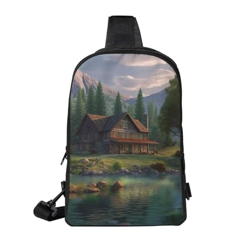 House By The Lake Printed Chest Bag Dual Pocket Diagonally Chest Messenger Bag2