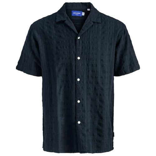 Image of JACK & JONES Mens Jacquard Shirt Short Sleeve Resort Collar Cotton Summer Casual Wear Black
