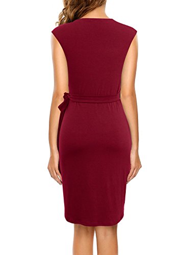 Berydress Women's Classic Cocktail Party Cap Sleeve Deep V Neck Draped Waist Tie Belt Knee-Length Faux Wrap Dress (L, 6028-Burgundy) #TOP1
