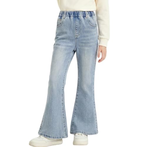 Image of Rolanko Girls Flared Jeans, Elasticated Waist Bootcut Straight Leg Sparkly Rhinestone Jeans for Teens Kids, Rhinestone, 8-9 Years, 140