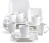 MALACASA Quadratische Dessertteller Tassen und Untertassen Set, 18 Stück Porzellan Elfenbein Weiß Kaffeesets, Serviergeschirr Set mit 8,2 Zoll Dessertteller, 6 oz Tassen, Service für 6, Serie Blance