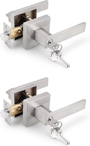 Gobrico 2 Pack Heavy Duty Entry Door Levers with Locks and Keys(Keyed Alike), Brushed Nickel Lockset Combo Pack, Entrance Door Handles for Office and Front Door, Door Knobs Lockset (Each with 3 Keys)
