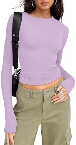 OOHOKAY Damen Langarmshirt Basic Oberteile Y2K Slim Fit Klassischer Tshirt Langärm Crop Tops