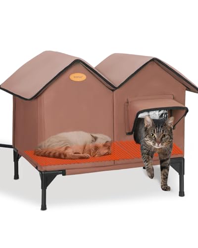 Heated Cat House for Outside in Winter Insulated Elevated Outdoor Cat House Weatherproof Escape Door Large Feral Cat Shelter Heated Bed for 2~3 Cats Stray Barn Kitty Easy Assembly