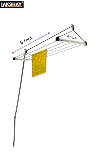 Image of LAKSHAY Heavy Duty Stainless Steel 6 Pipe X 6 Feet (Blue) Economy Model with UV Protected Nylon Rope Ceiling Cloth Dryer | Cloth Drying Stand for Balcony | Clothes Stand for Drying