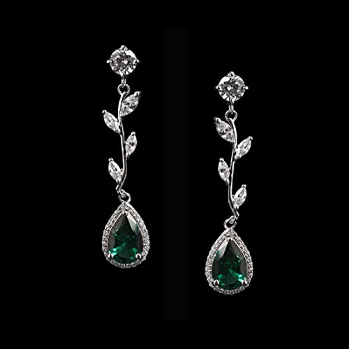 Image of Clara 925 Sterling Silver Leafy Green Necklace Jewellery Set With Earrings | Rhodium Plated, Swiss Zirconia stone | Gift for Women and Girls