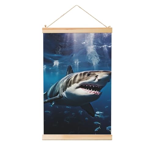 Grand requin blanc peinture amusante sur toile avec support en bois naturel