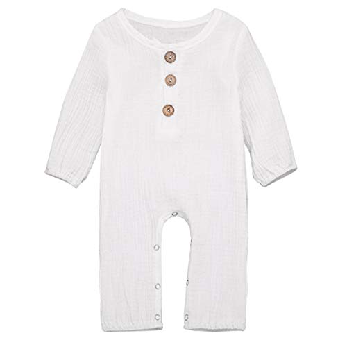 Borlai Baby Langarm Strampler Overall Neugeborenen Reine Farbe Baumwolle Leinen Body Outfits Kleidung für Unisex 0-24 Monate,Weiß[0-3 Monate] Cover